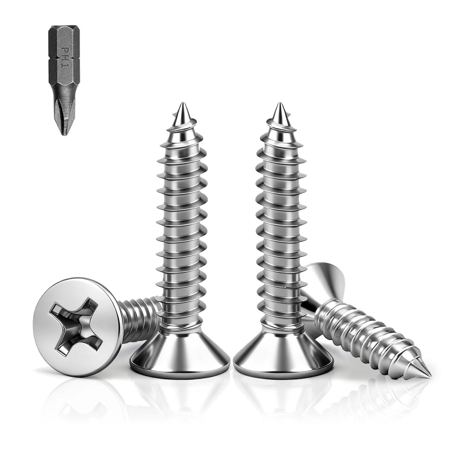 PDKKFF M3x25mm Flat Head Wood Screws, 150Pcs Metal Self Tapping Screws, 304 Stainless Steel Phillips Countersunk Head Screws for Woodworking, Furniture, DIY