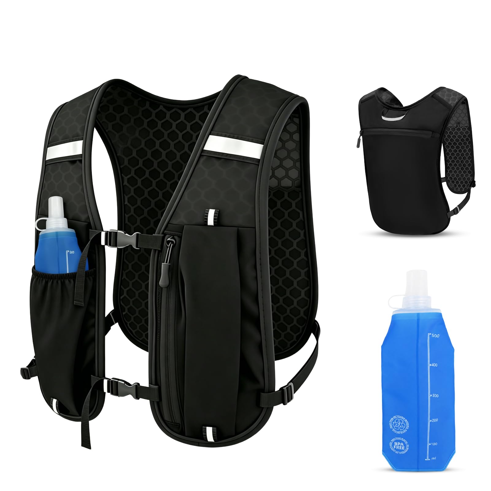 Chaleco Hidratación Trail Running con Soft Flask 500ml, Mochila Running Hombre Mujer Ligero y Transpirable, Chaleco Correr Reflectante con Múltiples Bolsillos para Maratón Ciclismo Senderismo