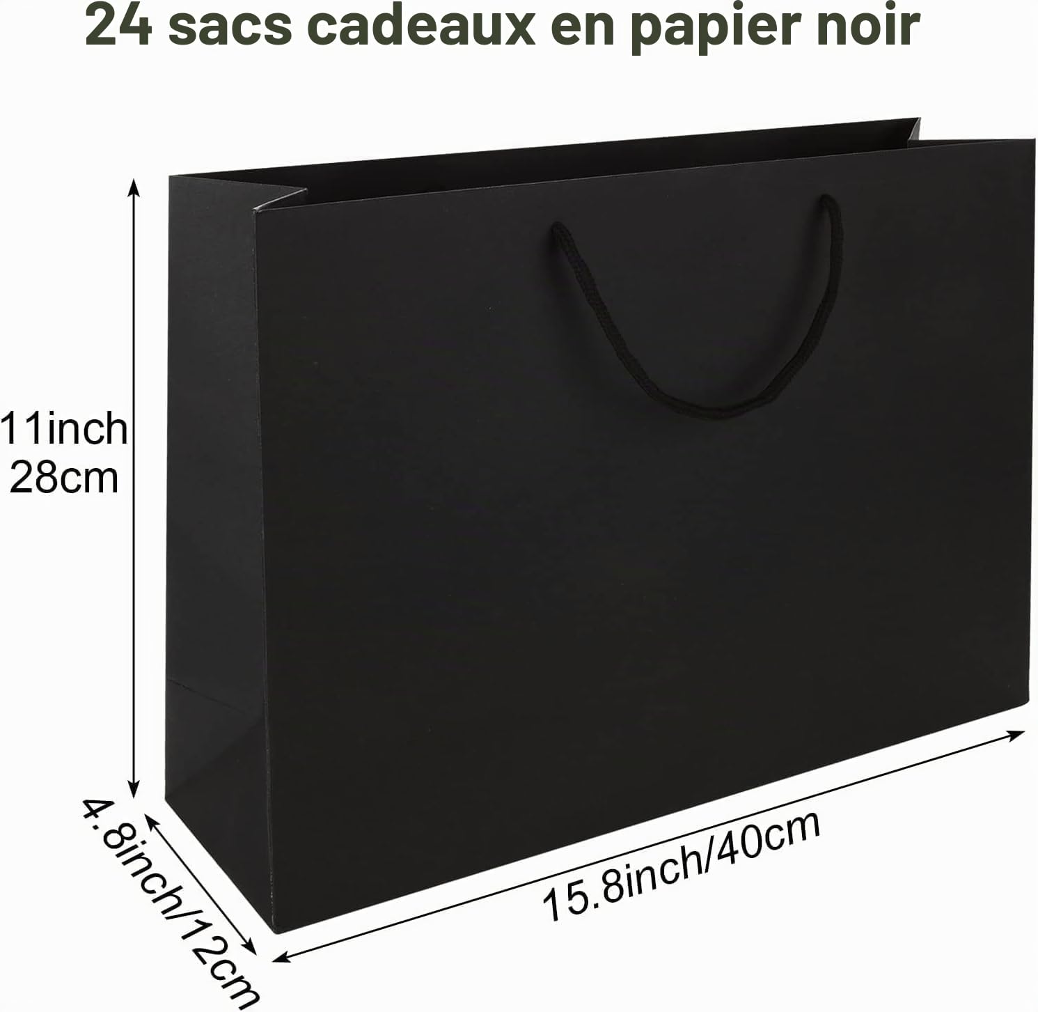 FWEEK Sac Cadeau Noir 24 Pièces, Grand Sac Cadeau en Papier 250 GSM 40x12x28cm, Sac Noir Réutilisable avec Poignée Coton pour Anniversaire, Mariage, Fête, Cadeaux
