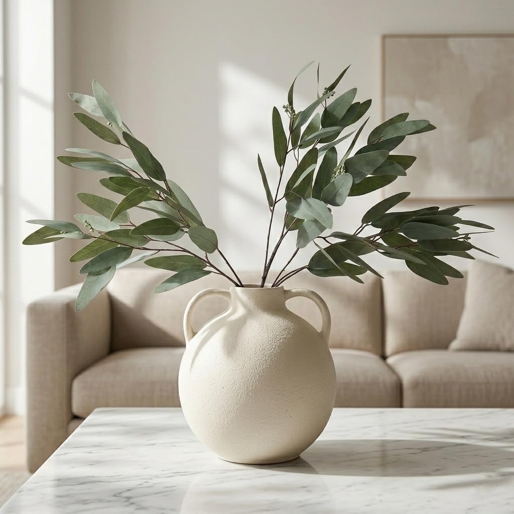 3 Pack Faux Real Touch Artificial Eucalyptus Leaves Stems with Seeds 31'' Tall Fake Plants Leaves Olive Branches Faux Greenery Stems for Bridal Wedding Bouquet Vase Table Centerpiece Decor