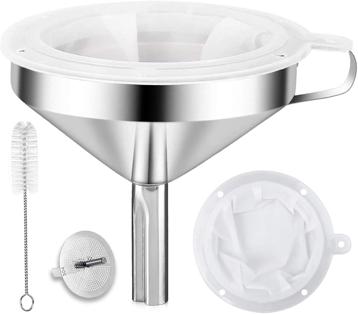 HAWOWZ Kitchen Funnel for Filling Bottles, 304 Stainless Steel Food Funnels with Strainer and 200 Mesh Filter, Metal Funnel Set for Transferring Canning Oil Coffee