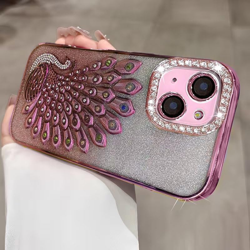 Image of mobistyle Case for iPhone 15 Plus,3D Diamond Luxury Electroplate Glitter Peacock Tail Bling Design Camera Protection Shockproof Phone Case for (Pink, iPhone 15 Plus)