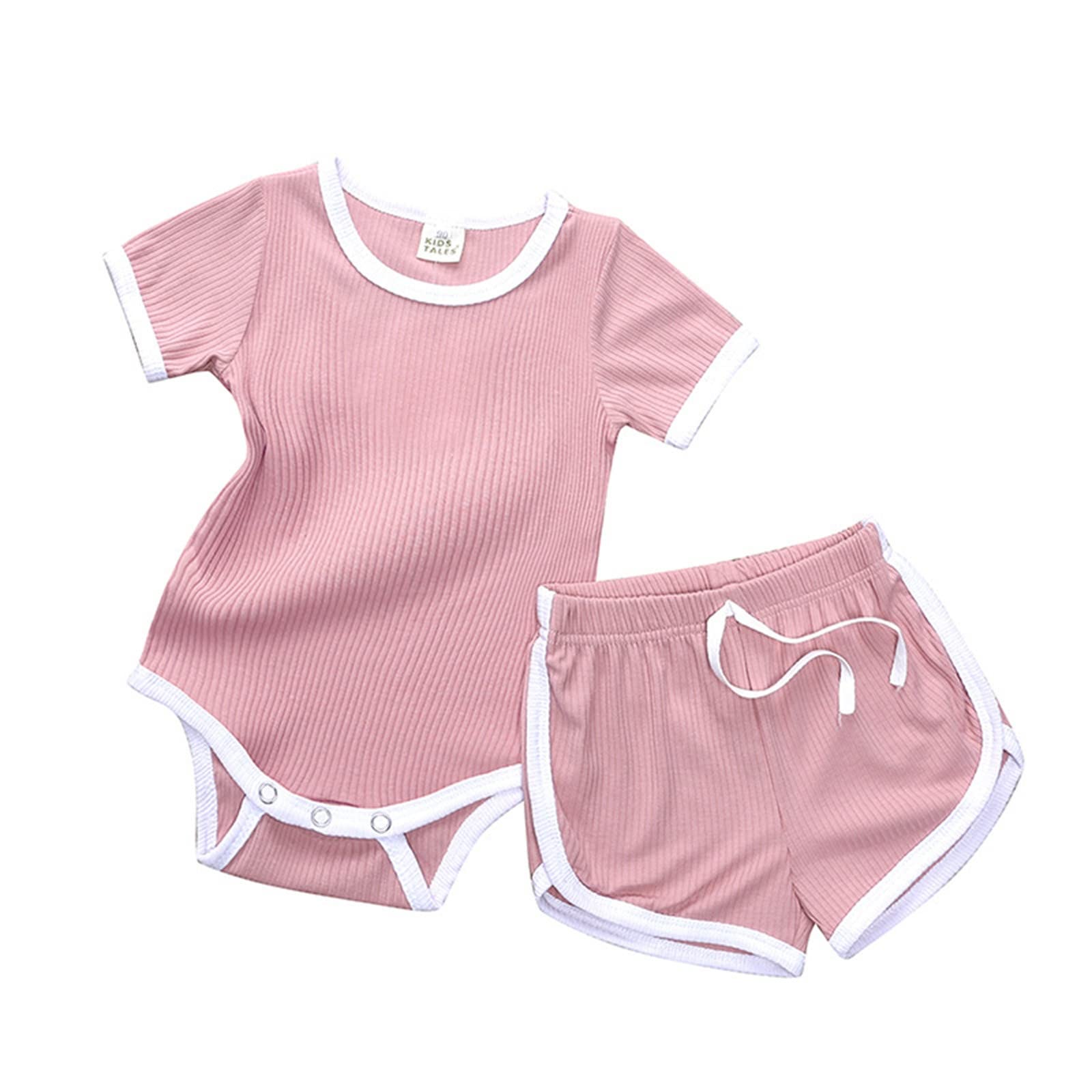 smoxxesBaby Newborn Infant Boys Girls Cotton Ribbed Summer Colour Block Short Sleeve Baby Girl Outfits for (Pink, 12-18 Months)