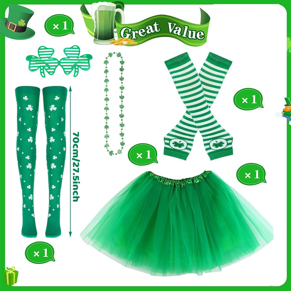 PyrrlicToy 5pcs St. Patrick Day Costume Set, Green Shamrock Tutu Skirt Headband Necklace Arm Warmers - Image 2