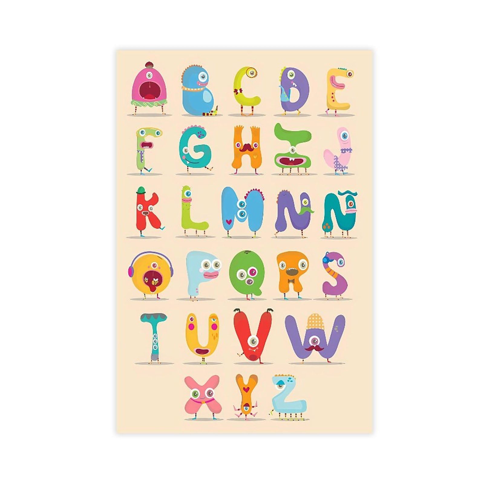 Poster éducatif sur toile représentant un petit monstre 24 lettres de l'alphabet pour enfants, décoration de chambre, bureau, chambre, cadeau, sans cadre : 60 x 90 cm