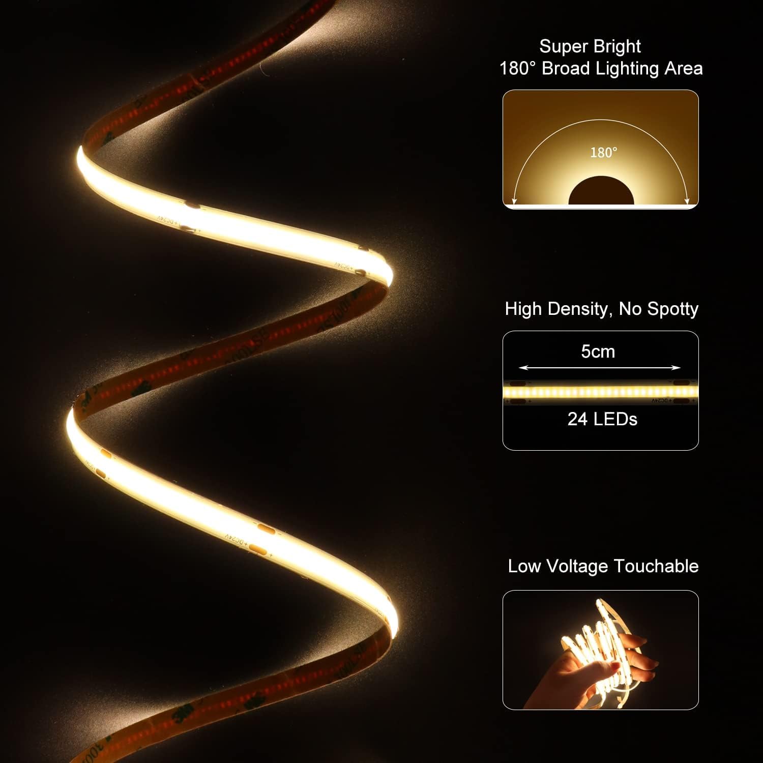 Tira LED COB 12M 24V Blanca Natural, Tira Luz LED Regulable 4000k Superbrillante, 480LED/m, CRI90 con Mando Distancia y Fuente Alimentación Luces de Cinta LED Flexible para Cocina, Dormitorio | 480 LEDs/m CRI92+ Flexible LED banda de iluminación para dorm