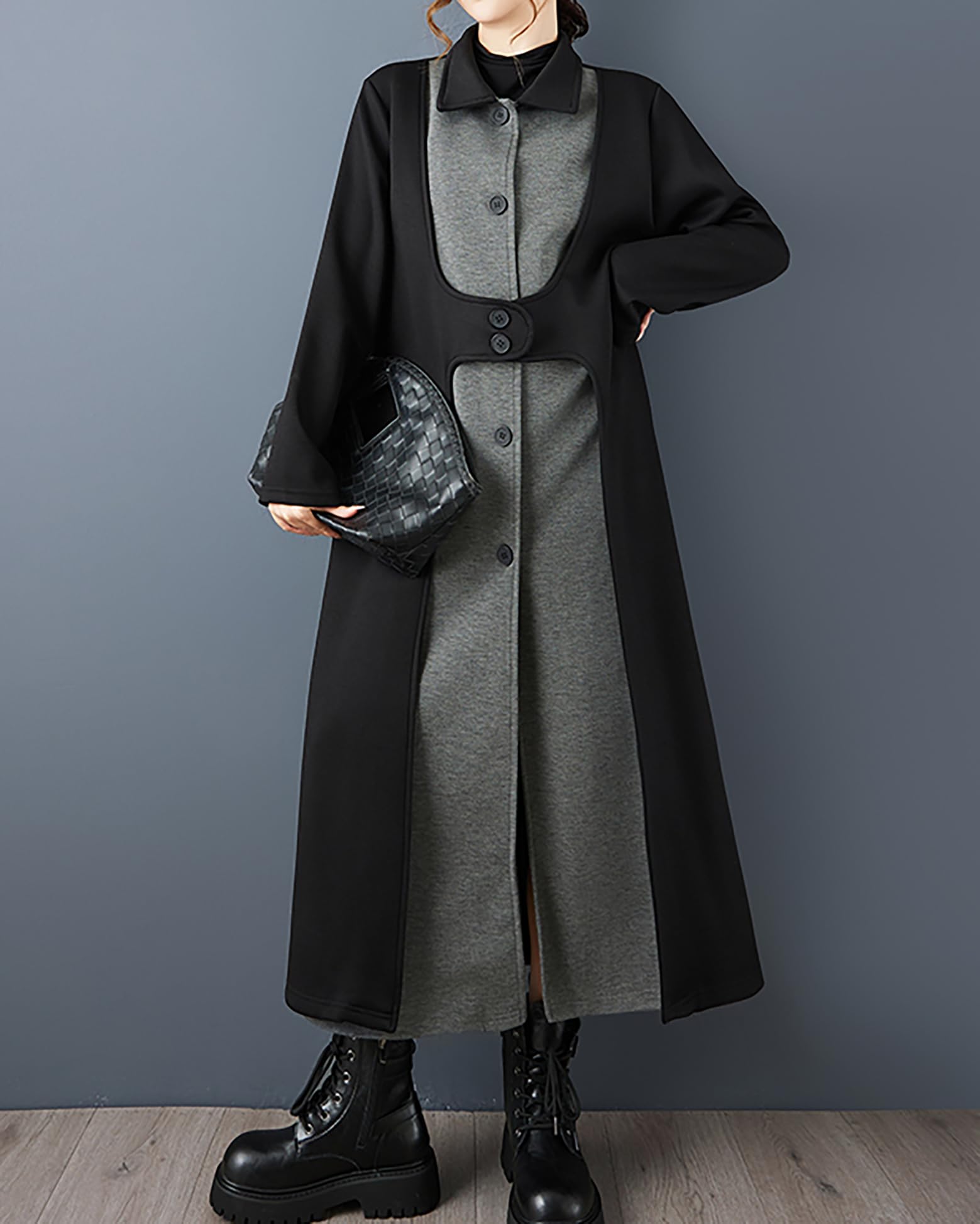ellazhu Damen-Mantel, Revers, Knopfleiste, Patchwork, langärmelig, Seitentaschen, Maxi-Saum, GZ719 A