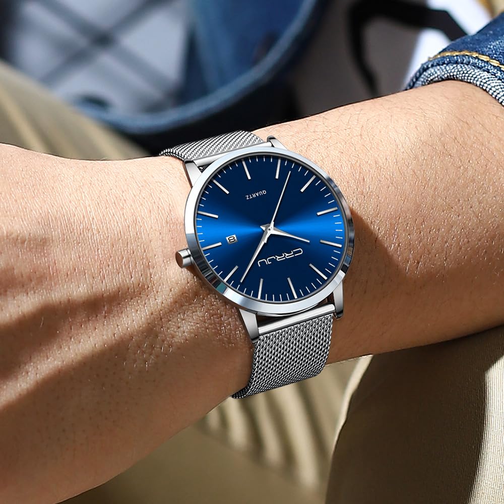 CRRJU Orologio Uomo da Polso Ultra Sottile, Minimalista Quadrante Classico Maglia Acciaio Inossidabile Cinturino, Impermeabile Analogico Quarzo Orologi con Data