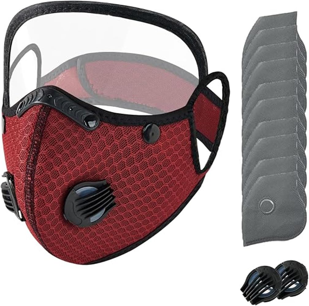 Reusable Carbon Filter Dust Mask with Adjustable Goggles,Activated Carbon Face Mask,Anti-UV-5-Layer Filte with 10 Filters and 2 Valves with Adjustable Goggles for Woodworking Mowing Dust (Dark Red)