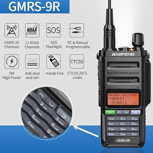 Miniatura 2 de BAOFENG GMRS Radio impermeable, radios bidireccionales GMRS-9R, radio de mano de largo alcance recargable, escáner NOAA de doble banda, compatible
