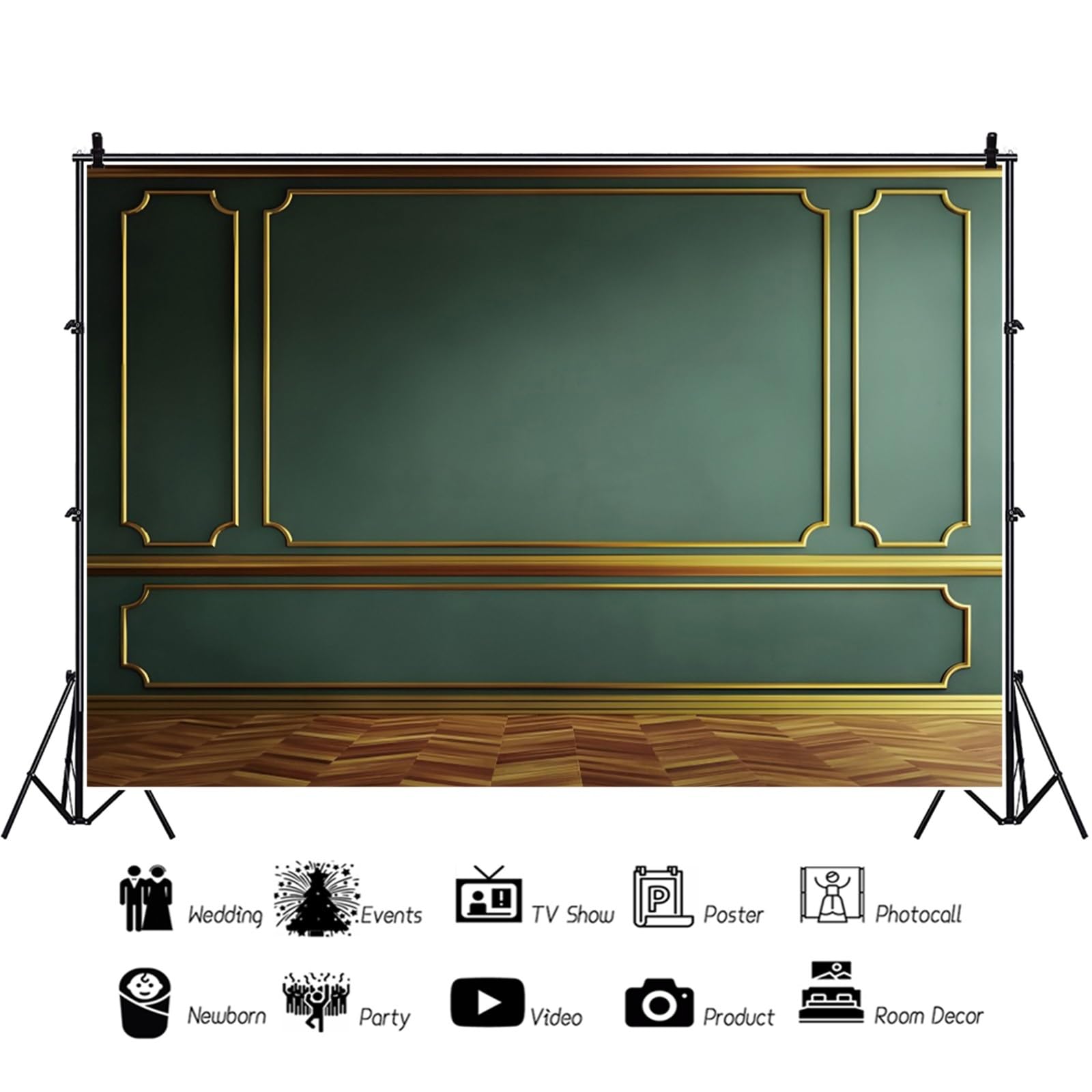 YongFoto 3x2m Parete interna Sfondo Fotografia Oro verde Stanza vuota interna Pavimento in legno Sfondo per affari Ufficio Soggiorno Studio fotografico di famiglia Prop per fotografo Immagini