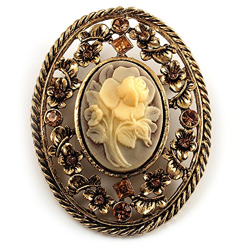Avalaya Vintage Floral Crystal Cameo Brooch (Antique Gold Finish)