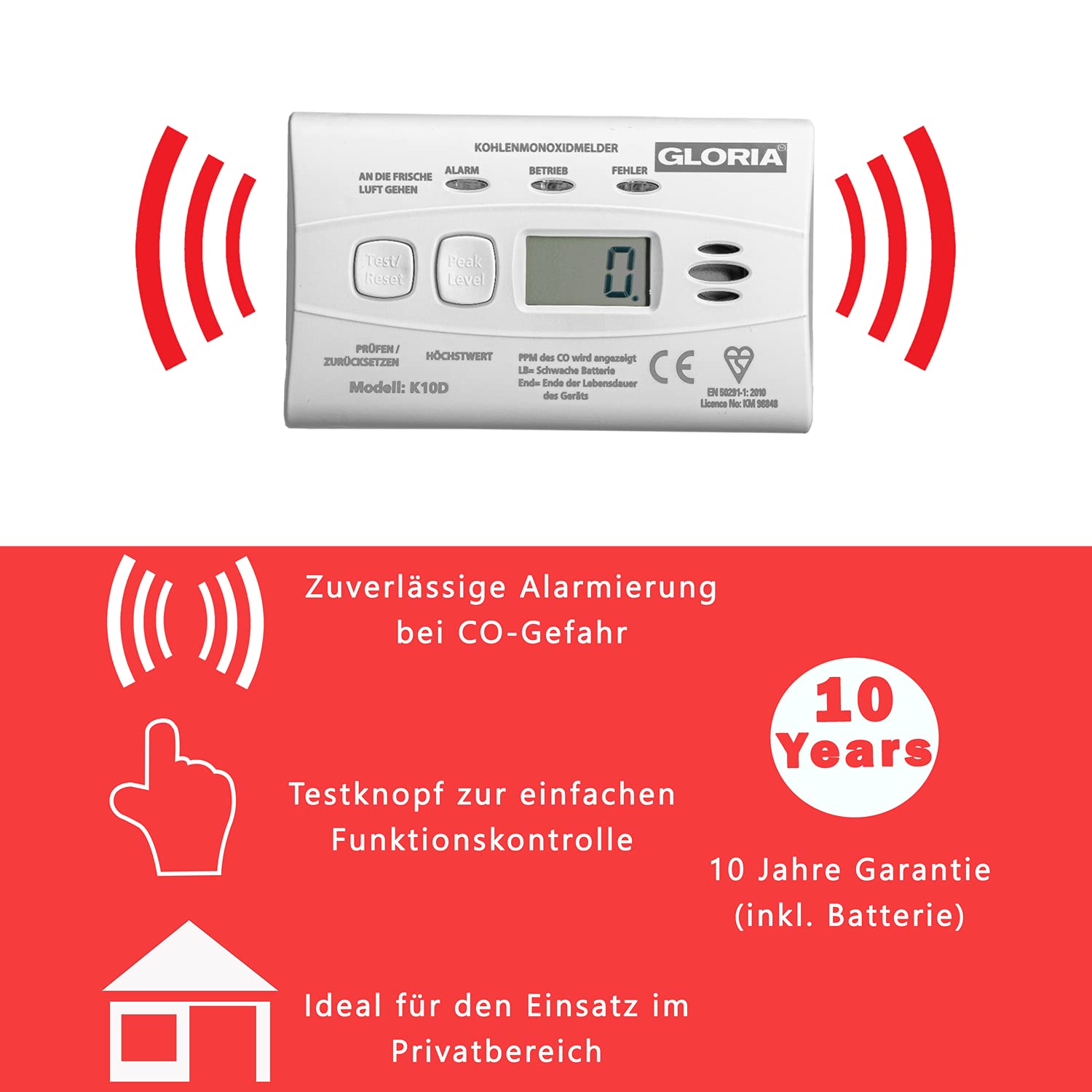 Gloria K10D Kohlenmonoxidmelder CO Melder mit Display u. 10-Jahres Batterie