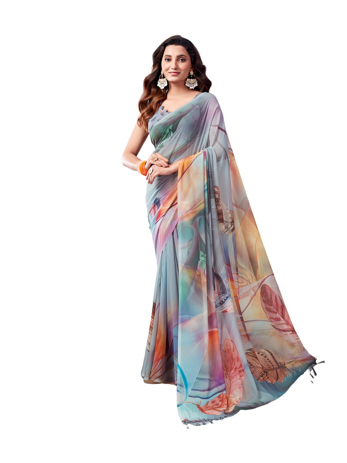 Satrani Women's Georgette Printed Saree With Unstitched Blouse Piece (3505S111N_Grey3)