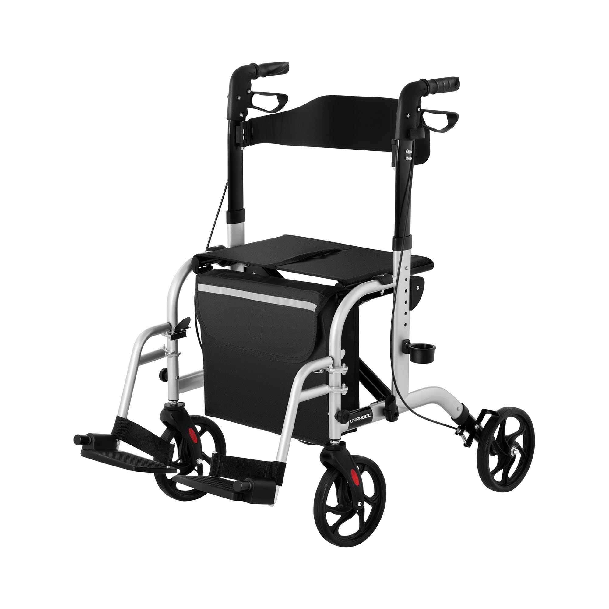Deambulatore 2 in 1 Rollator per Anziani Sedia a Spinta per Trasporto UNI_ROLL_03 2in1 (Argento, 136 kg, Alluminio, Borsa per la Spesa, 4 Ruote)