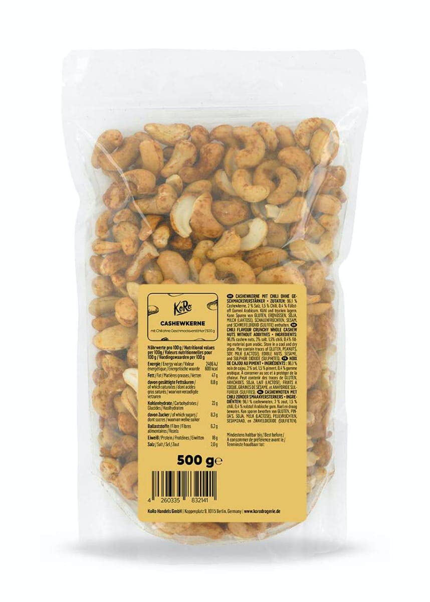 KoRo - Noix de cajou au piment 500 g - Snack épicé à base de noix de cajou et de poudre de chili