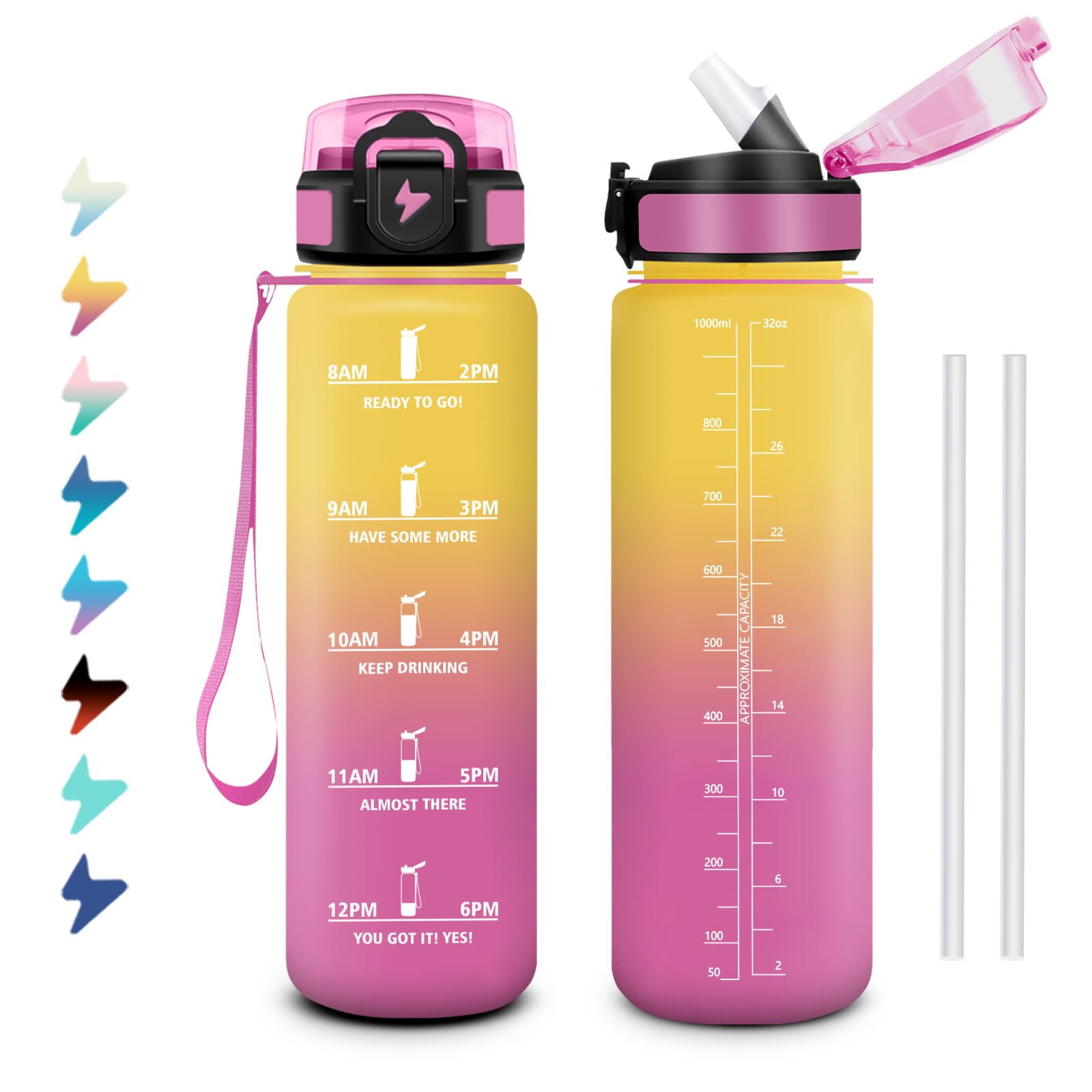 Borraccia Sportiva 1L, a Prova di Perdite, Facile da Aprire, Bottiglia Acqua Palestra con Indicatore del Tempo, Bottiglia con Cannuccia, Borraccia per Palestra, Corsa, Ufficio, Campeggio, Ciclismo