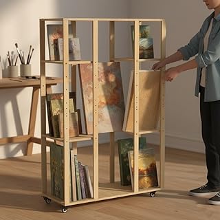 Extra Large Art Storage Rack with Wheels - Adjustable Wood Drying and Display Rack for Panels, Canvas and Artworks, Multi-Tier Art Organizer for Classroom, Studios and Galleries (Natural)