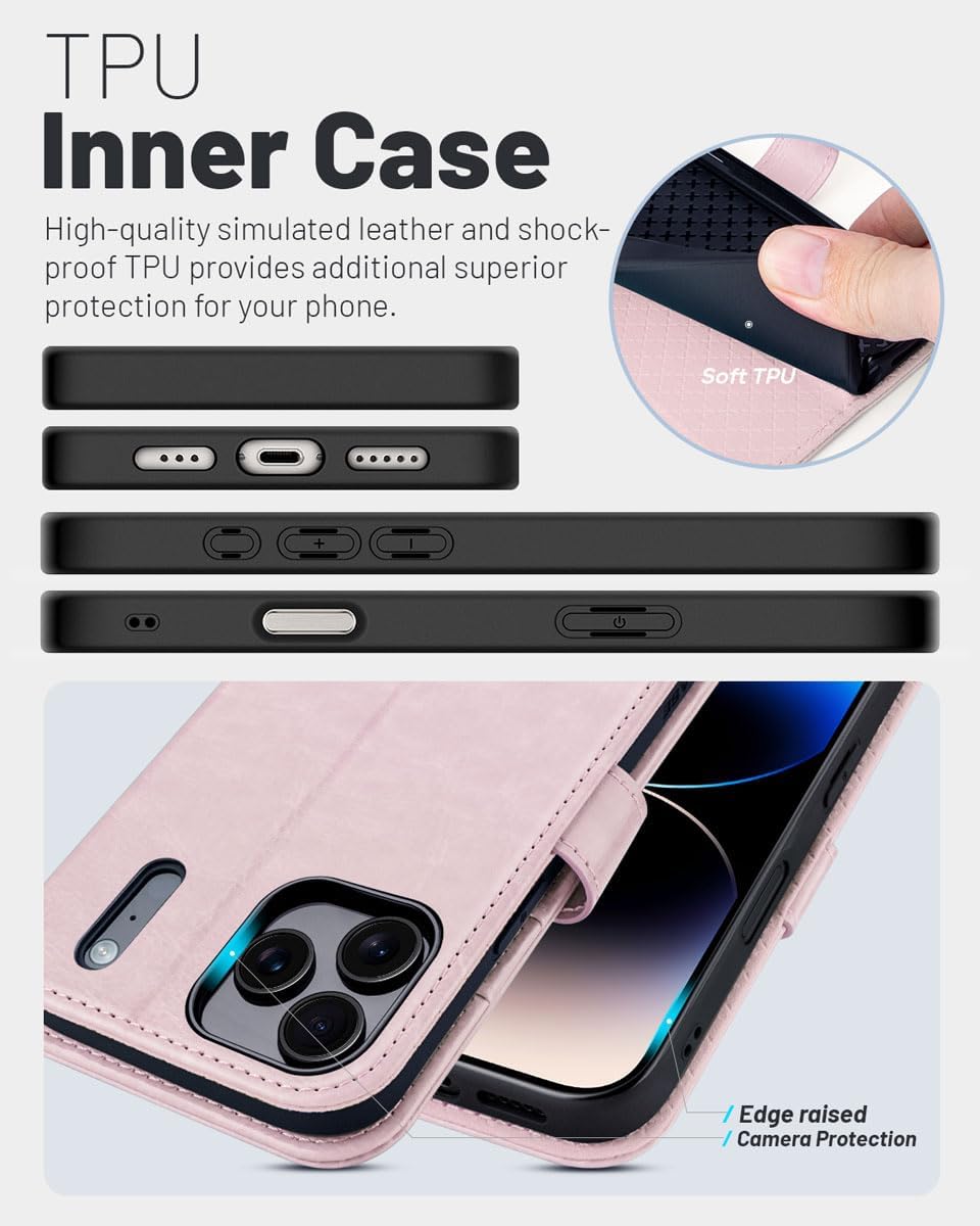 OCASE Compatible with iPhone 17 Pro Max Wallet Case, PU Leather Flip Folio Case with Card Holders RFID Blocking Kickstand [Shockproof TPU Inner Shell] Phone Cover 6.9 Inch 2025, Light Pink