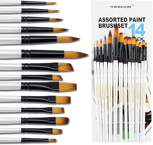 Transon Juego de pinceles de pintura artística de 14 piezas para acrílico, acuarela, gouache, óleo y pasatiempo, pintura de color blanco