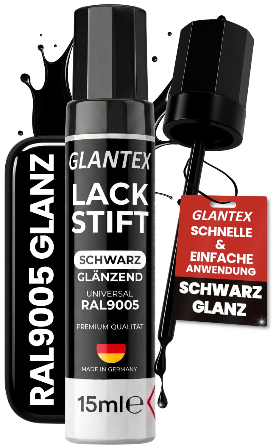 GLANTEX Lackstift Schwarz Glänzend [15ml] – Hohe Deckkraft für Kratzer und Steinschläge – Auto & Felgen Lackstift Schwarz Glanz