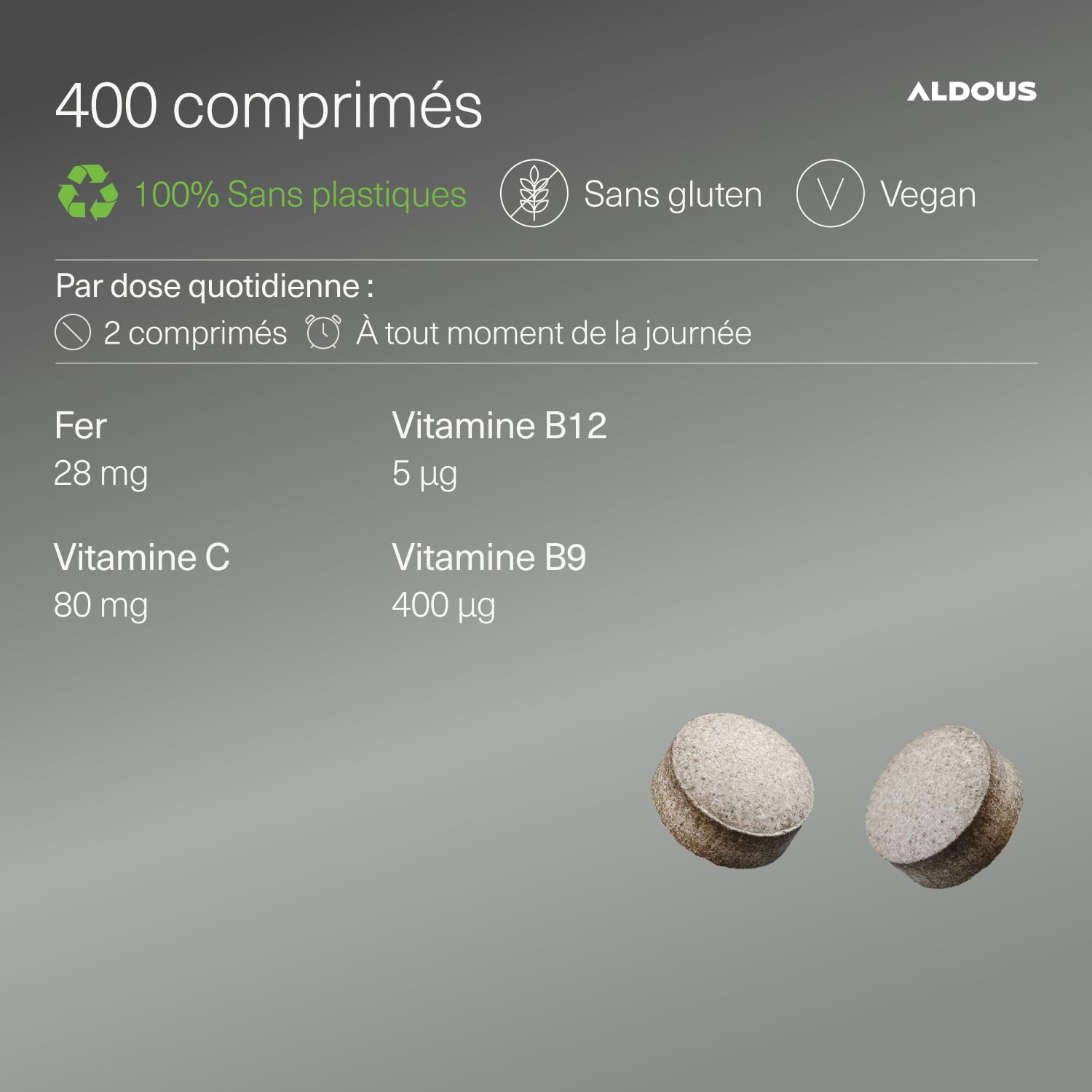 Fer Bisglycinate 14 mg + Vitamine C, B12 et Acide Folique - 400 Comprimés - Fer Complément Alimentaire avec Vitamine C - Anti-fatigue - Tolérance Optimale - Haute Absorption - Aldous