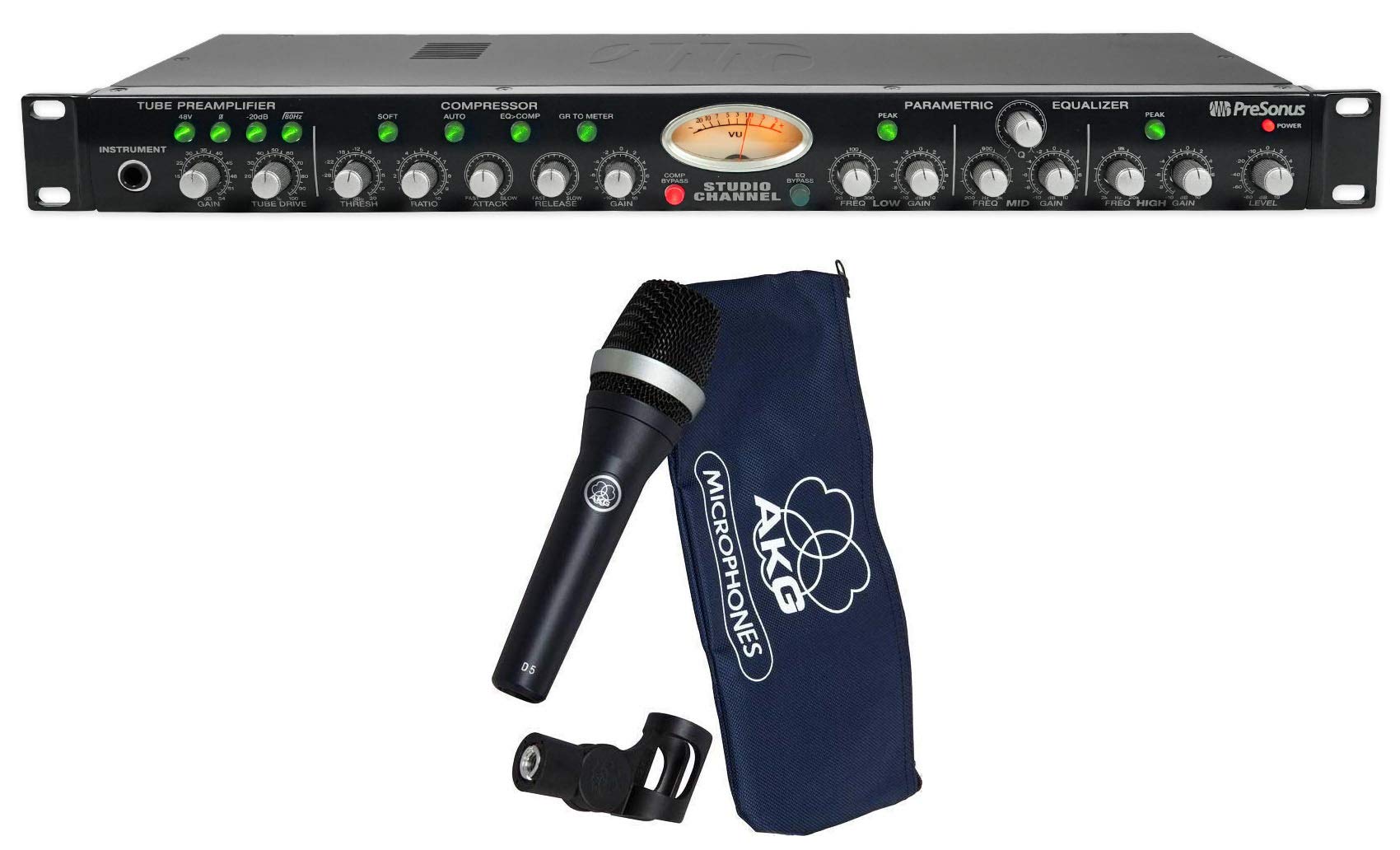 AKG D5 Handheld Dynamic Vocal Microphone SuperCardioid Dual Shockmount Mic D 5 Bundle with Presonus StudioChannel Studio Channel Recording Vacuum Tube Mic Preamp Strip