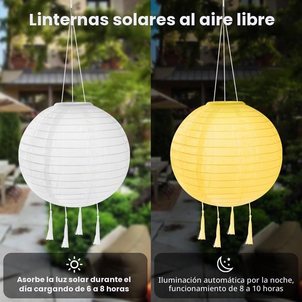 HOTUT Farolillos Solares Exterior, 2 Piezas 25cm Farolas Solares Exterior Colgantes Blanco Calido, Luces LED Jardin de Nailon, Impermeable Luces Decoración para Acampar, Jardín, Terraza, Porch, Bodas