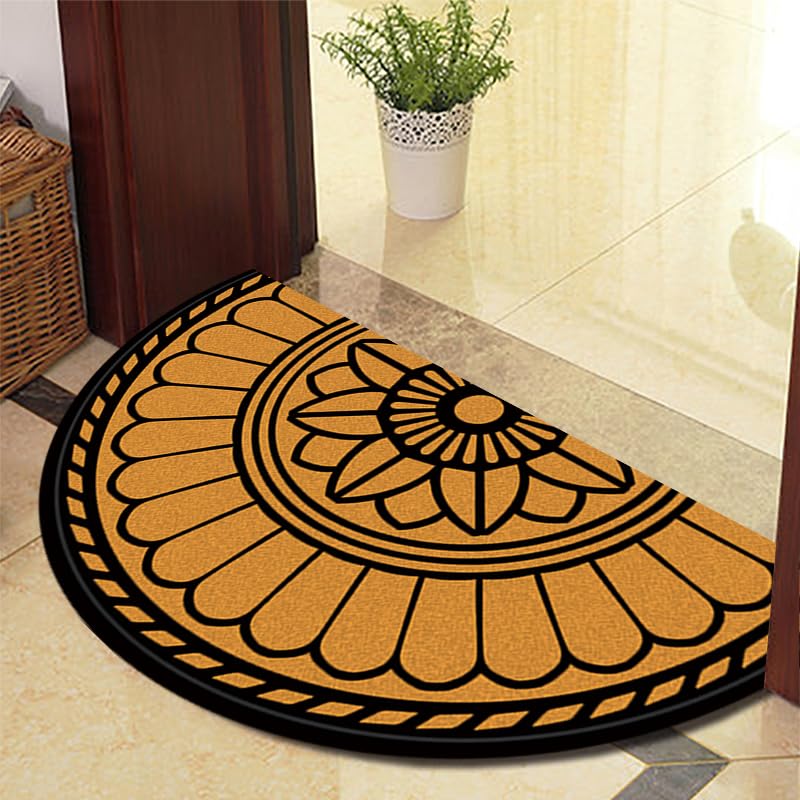 Eseriallen Half Round Door Mat Indoor Entrance Washable Half Circle Area Rugs Boho Mandala Non Slip Black and Yellow Light Luxury F (3) 60cm X 90cm
