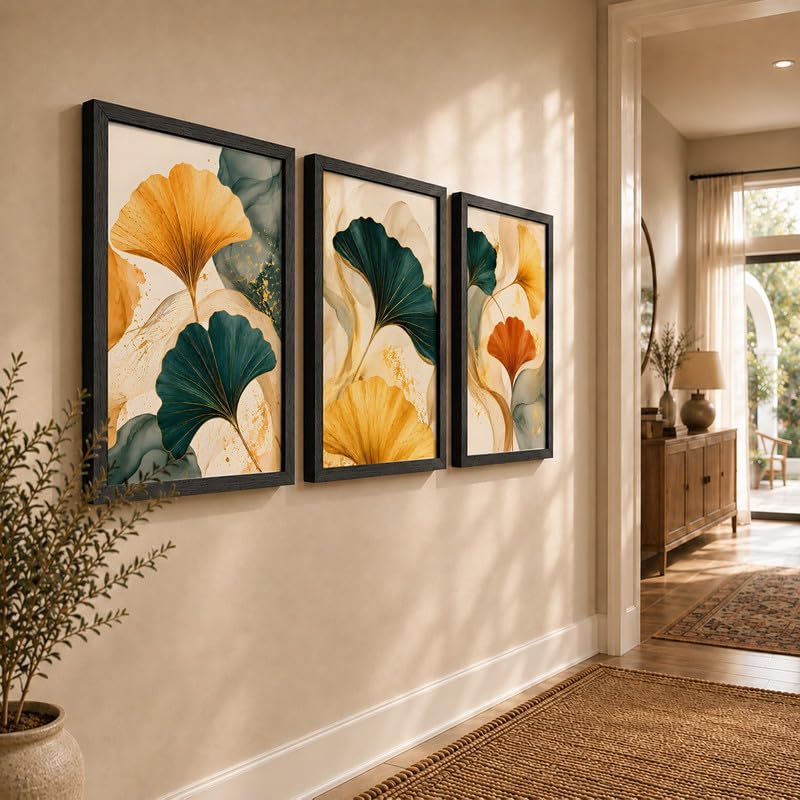 Image of NoWorries Abstract Ginkgo Leaf Wall Art Frames Set of 3 | Modern Botanical Look Paintings with Gold & Teal Leaves | Premium 300 GSM Prints in Synthetic Wooden Frames | Living Room, Bedroom, Office & Home Decor (BLACK, ART-16, 17X25INCHES)