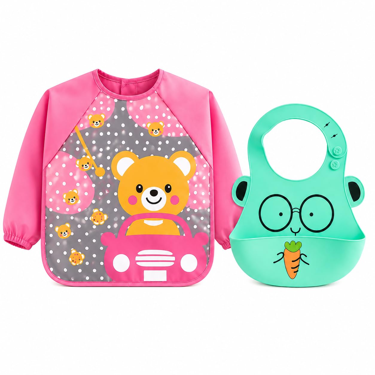 Baby Feeding Bib Combo Pack, Waterproof Full Sleeve Apron Bib & Silicone Carrot Bib with Food Catcher Pocket, Adjustable Reusable Bib Set for Babies & Toddlers (Light Pink & Aqua)-image-44
