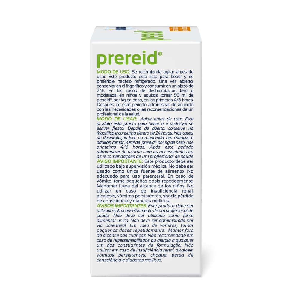 Prereid, solución de rehidratación oral para niños y adultos con hidratos de carbono, sales minerales y fibras prebióticas, 3 pouches de 250ml.