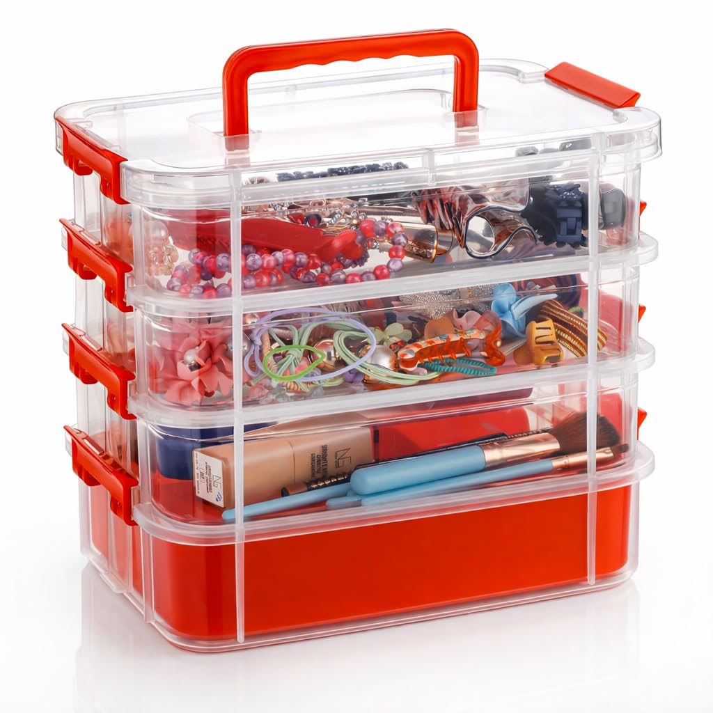 AKX 4 Tier Extra Large Plastic Storage Box with Lid & Handle, Clear Stackable Heavy Duty Multipurpose Organizer with Removable Trays for Craft, Tools, Toys & Medicine Storage (Multi Color)-image-19