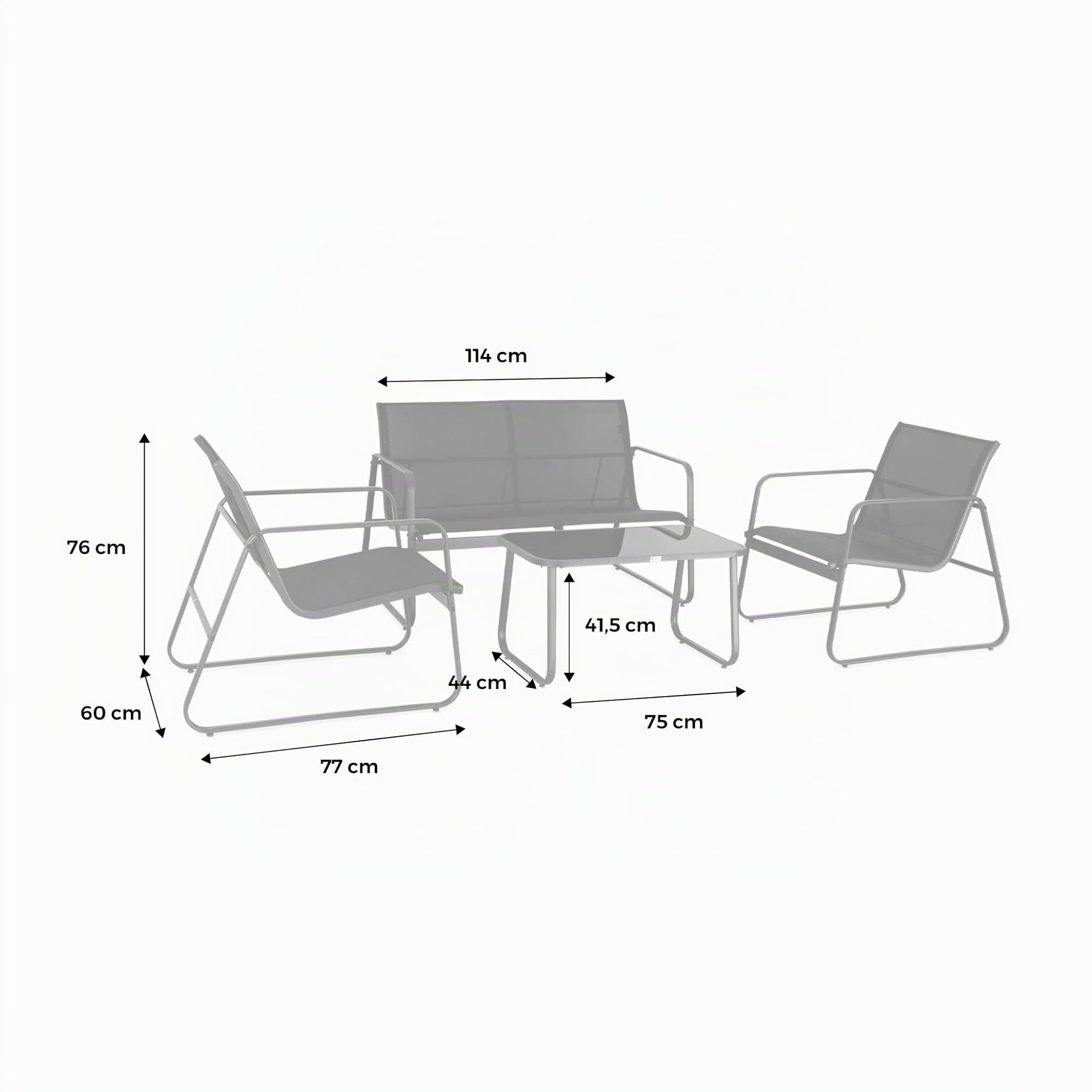 Alice's Garden - Gartenmöbel-Set aus Metall und Textilene Silvi für 4 Personen, schwarz, Modernes Design