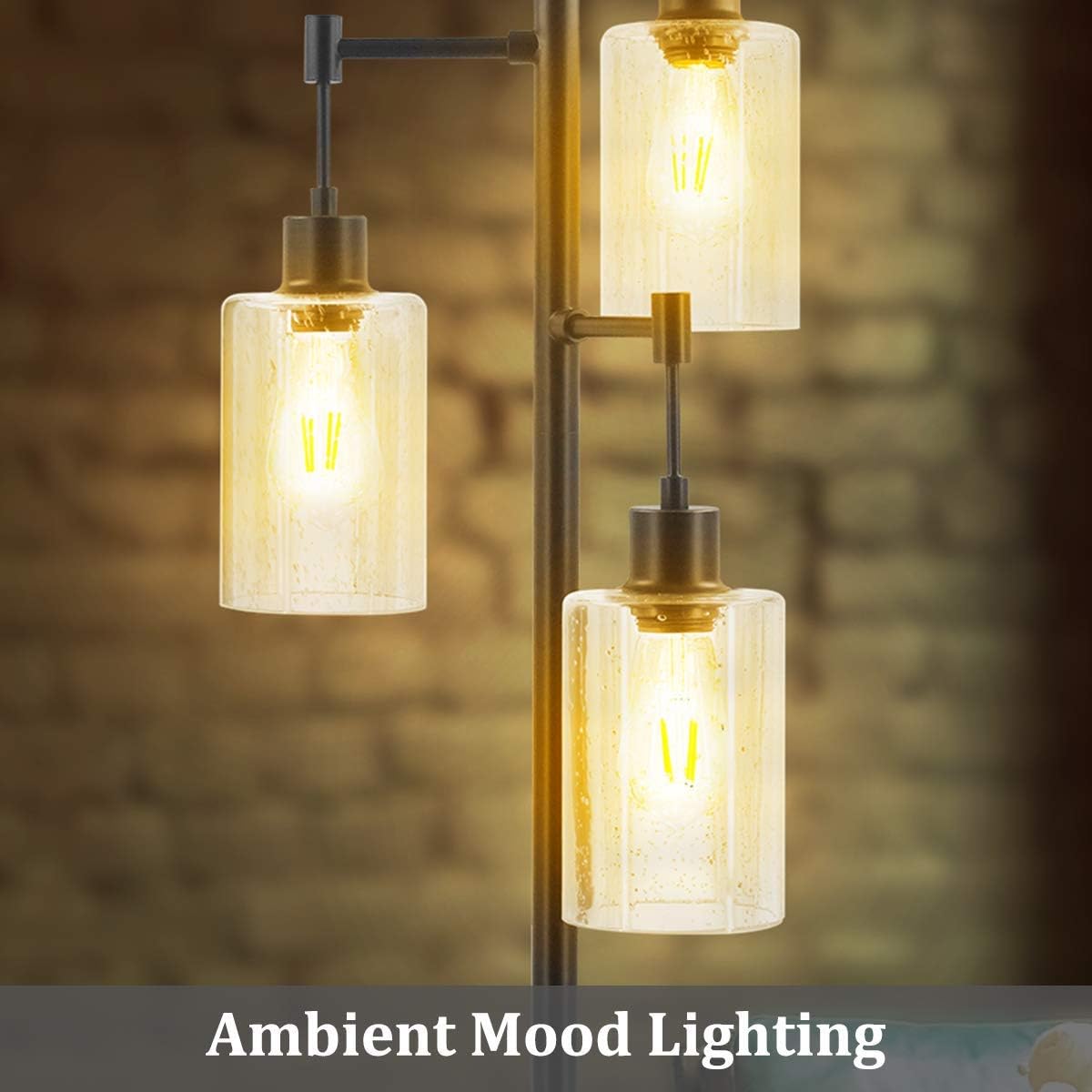 Industrial Floor Lamp for Living Room, Tree Floor Lamp with 3 Hanging Bubble Glass Shade & ST58 Edison LED Bulbs, Sturdy Base Tall Vintage Pole Light Great for Farmhouse Rustic Home Bedroom Office