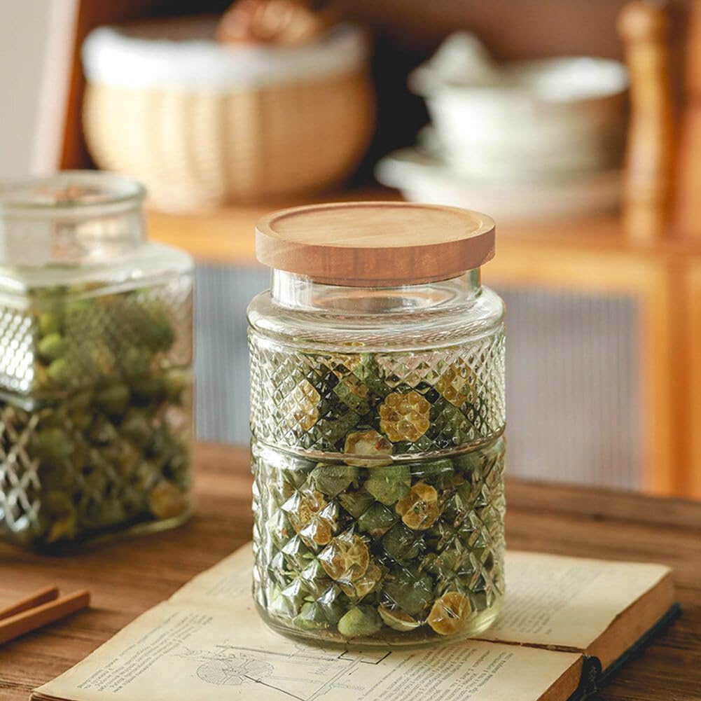 Confezione da 2 barattoli grandi in vetro vintage goffrato, contenitori per alimenti e cereali, con coperchio ermetico in bambù per caramelle, snack, caffè, tè e cereali