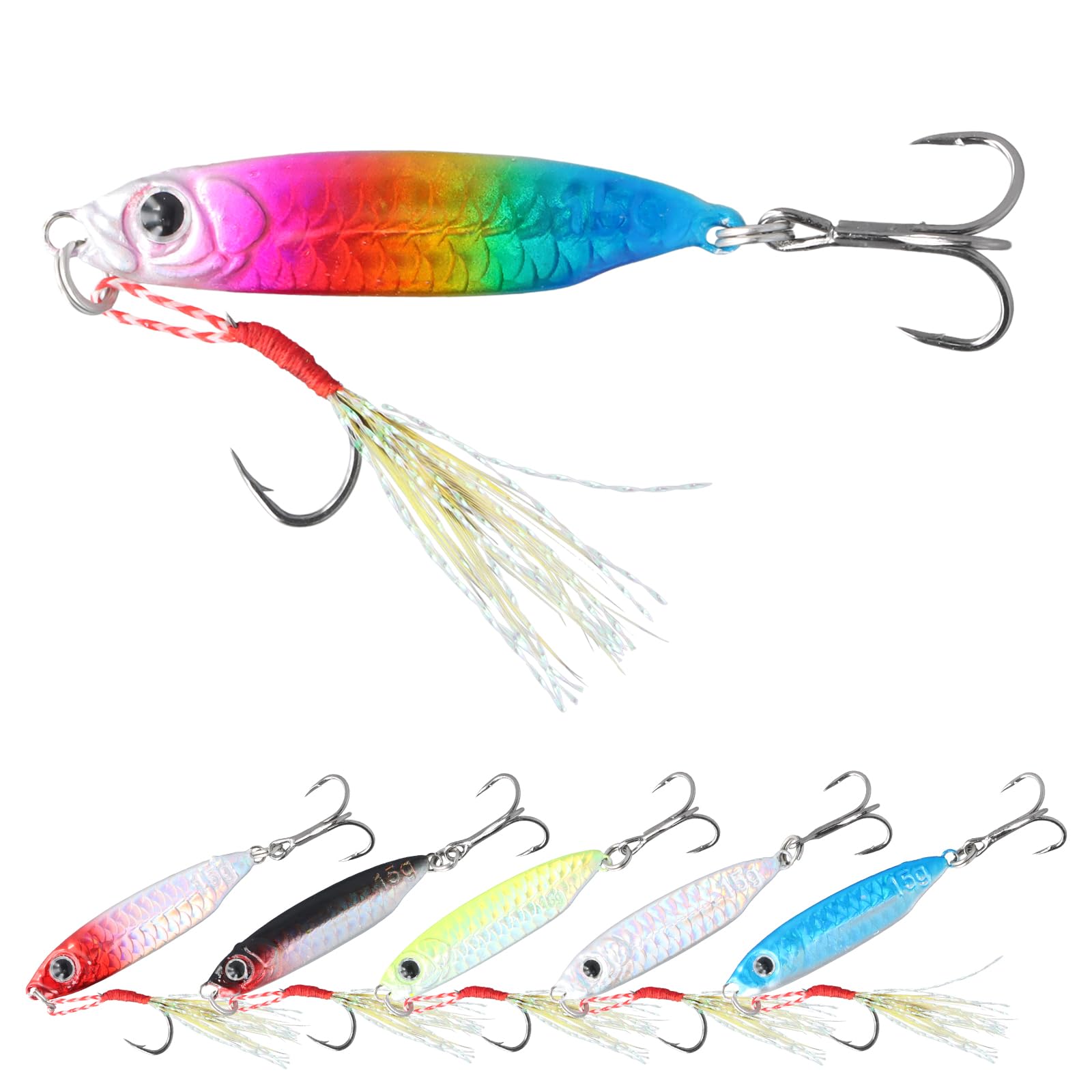 6 Pezzi Esche Artificiali da Pesca, 15g Pesca Popper Lure, Esca da Pesca Artificiale Spinning, 3D Esche Artificiali Spinning Mare per Acqua Dolce, Acqua Salata