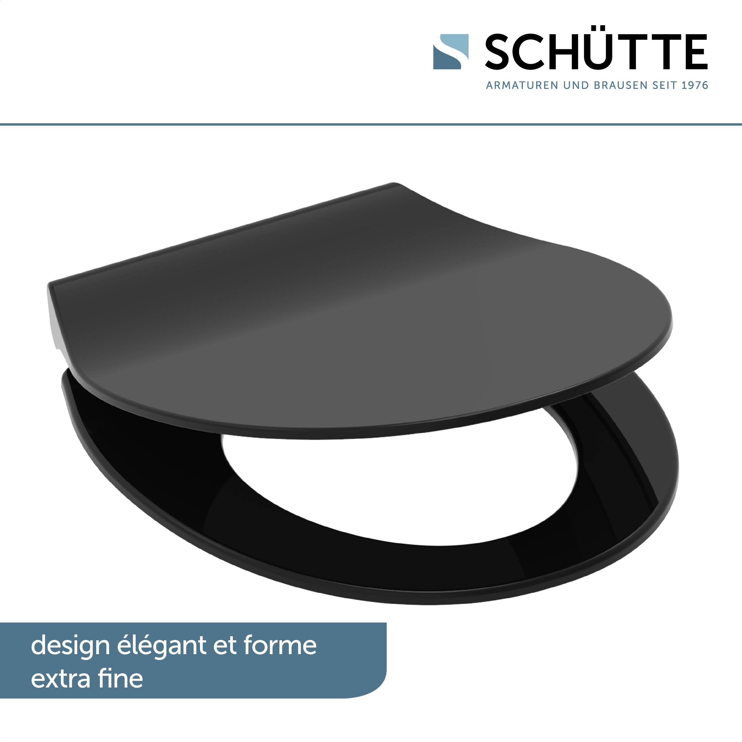 Schütte SLIM BLACK 82710, Abattant WC en Duroplast avec système d'abaissement automatique et fonction détachable, compatible avec la majorité des cuvettes WC, Noir