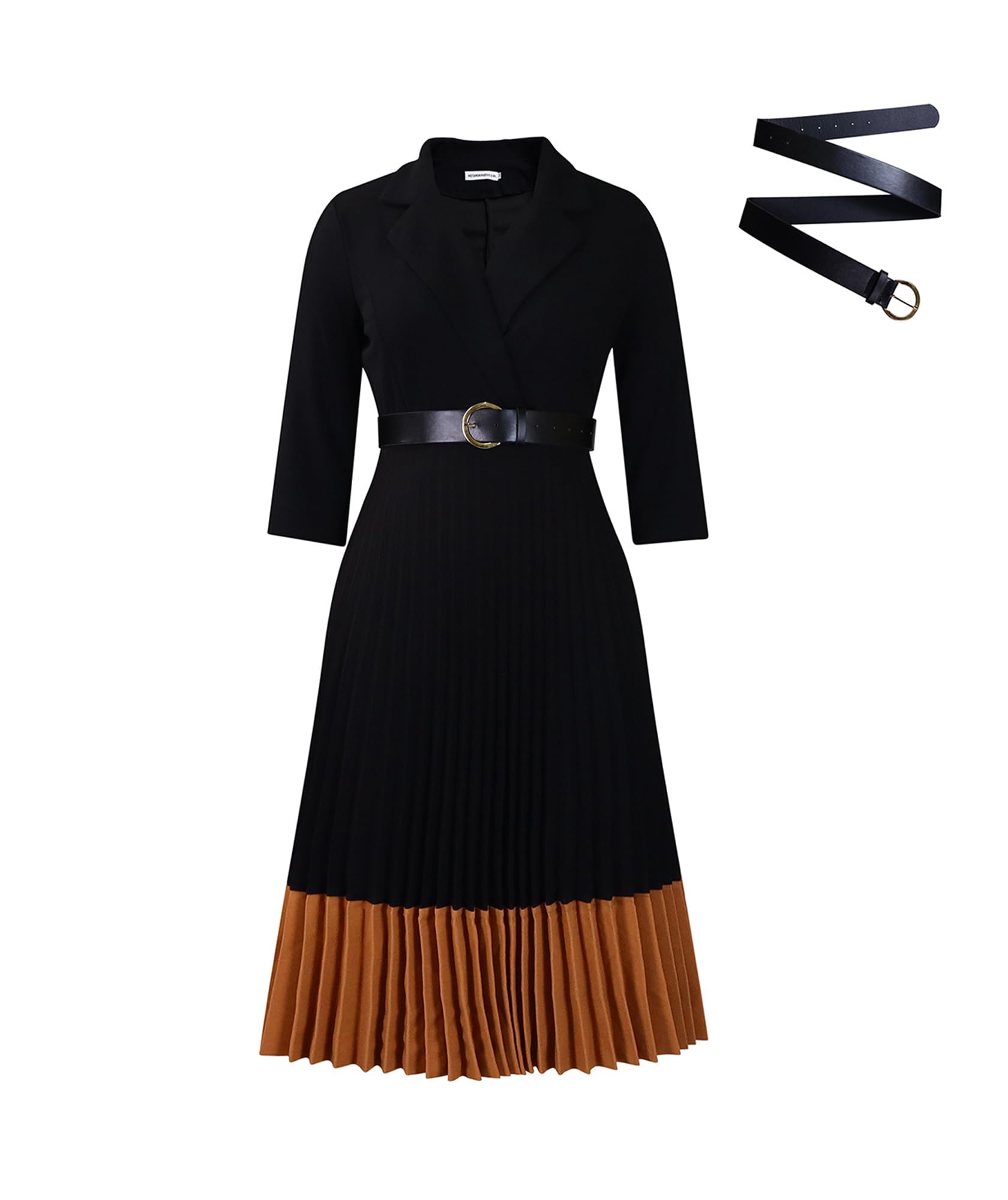 Pantete Womens A Line Work Midi Dresses Lapel Collar 3 4 Sleeve Pleated Dress for Business Office