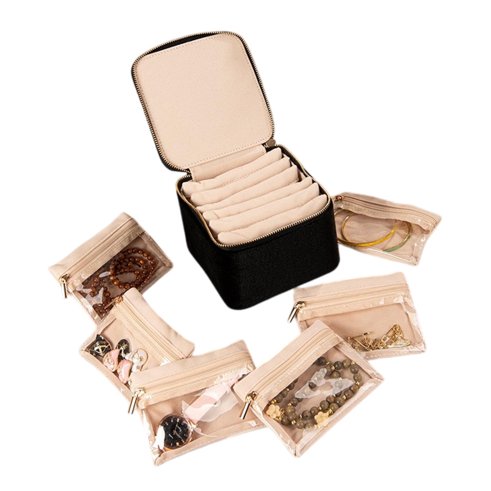 Geavonyg Velvets Jewelry Organiser with 6 Transparency Pouches Storage Box for Necklaces Bracelets Rings Earrings and Brooches Jewelry Travel Case