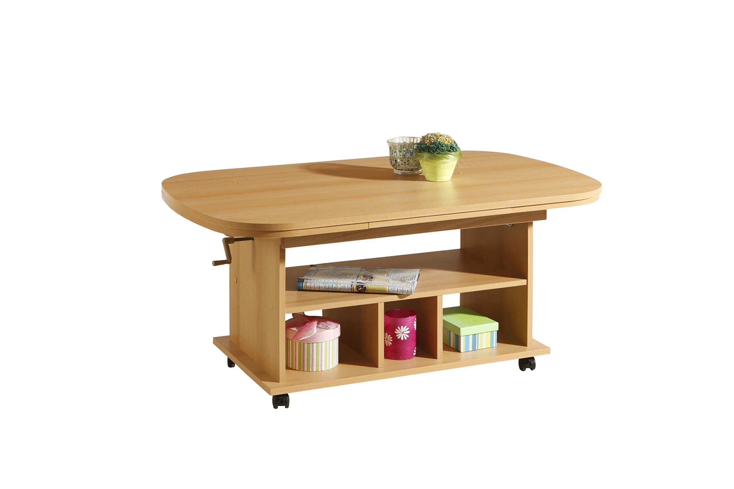 Hela Tische, Babsi - Mesa Auxiliar (Material Compuesto de Madera, Revestimiento de Melamina, Diseño de Haya, Altura Regulable 53-63 cm, Extensible 107-157 cm, con Ruedas)