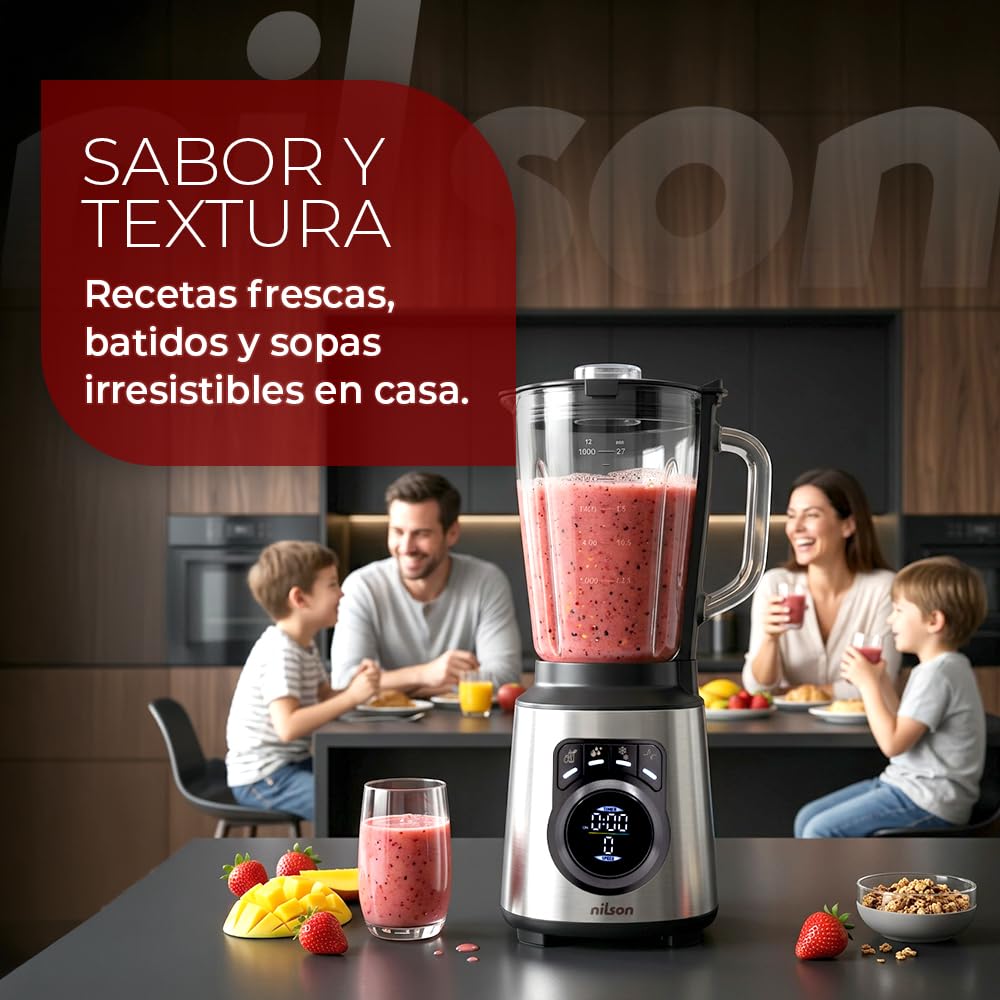 Batidora de Vaso Nutricional, 1200 W Potencia Máxima, Capacidad 1,5 L, 9 Velocidades, Display LED Manual, Tritura, Mezcla y Pica Hielo, Función Turbo, NTB1200DX, Cable 80 cm, Inox