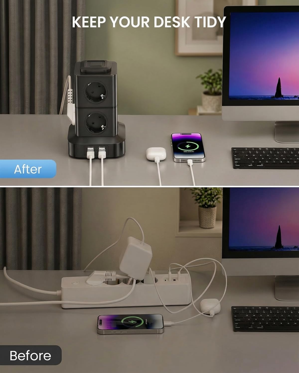AOKBON Torre Regletas Enchufes 8 Tomas de AC y 4 Regleta USB Enchufe Multiple 2500W/10A Regletas Vertical 3 Metro Regleta Enchufes Proteccion Sobretension con Interruptor para Casa,Mesa, Oficina — view 7