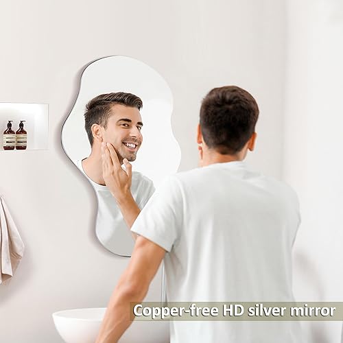 Miniatura 2 de Espejo pequeño moderno para decoración de pared de 14 x 24 pulgadas, asimétrico, ondulado, irregular, espejo de pared horizontal sin marco, espejos