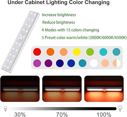 Miniatura 9 de Luces inalámbricas para debajo del gabinete, 58 luces LED recargables con sensor de movimiento con control remoto, luces RGB que cambian de color