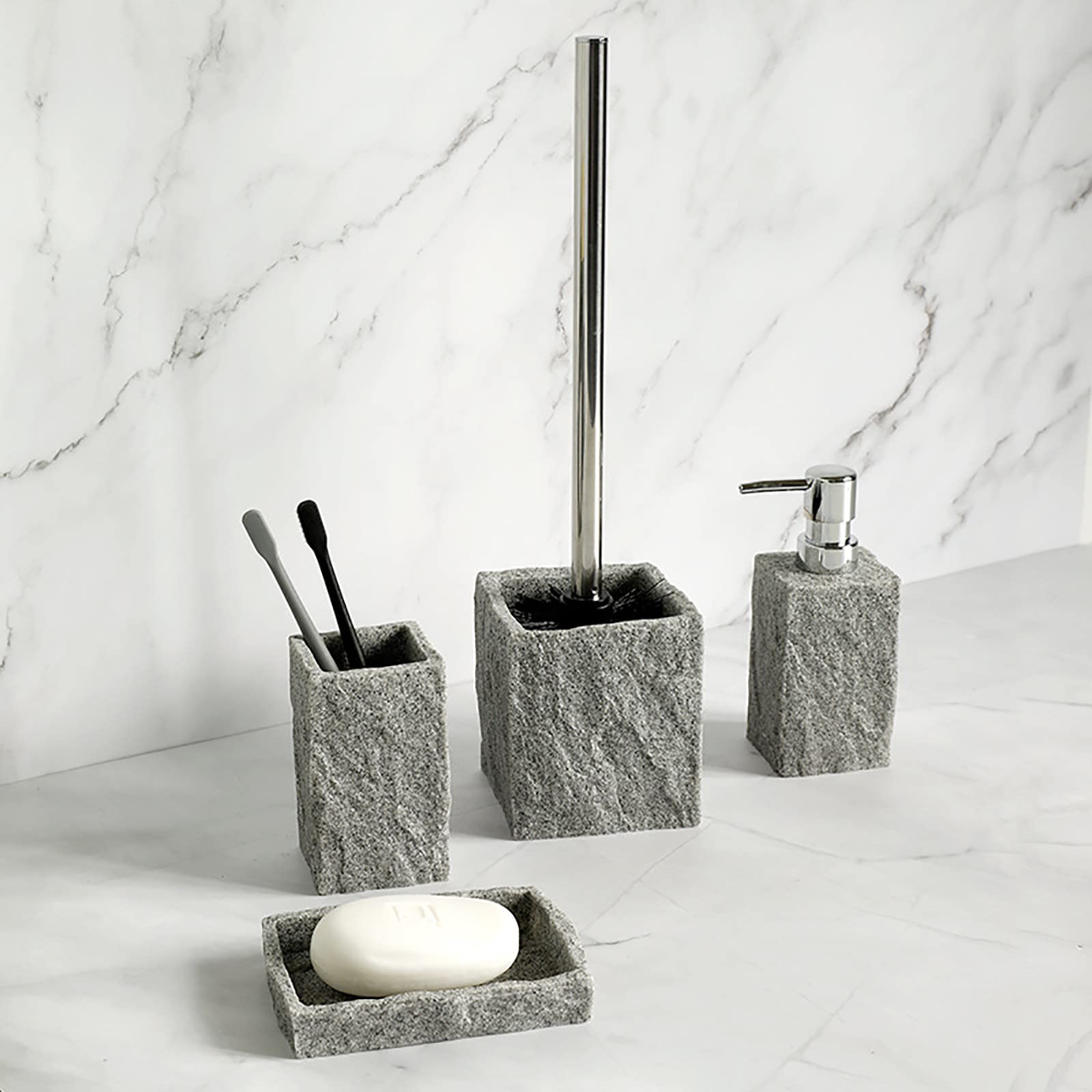 Juegos de Accesorios de baño, Simple Resina Acesorios Cuartos de Baño 4 Piezas con Escobillas de Baño Dispensador Jabon Baño Jabonera Baño Porta Cepillo de Dientes Mármol