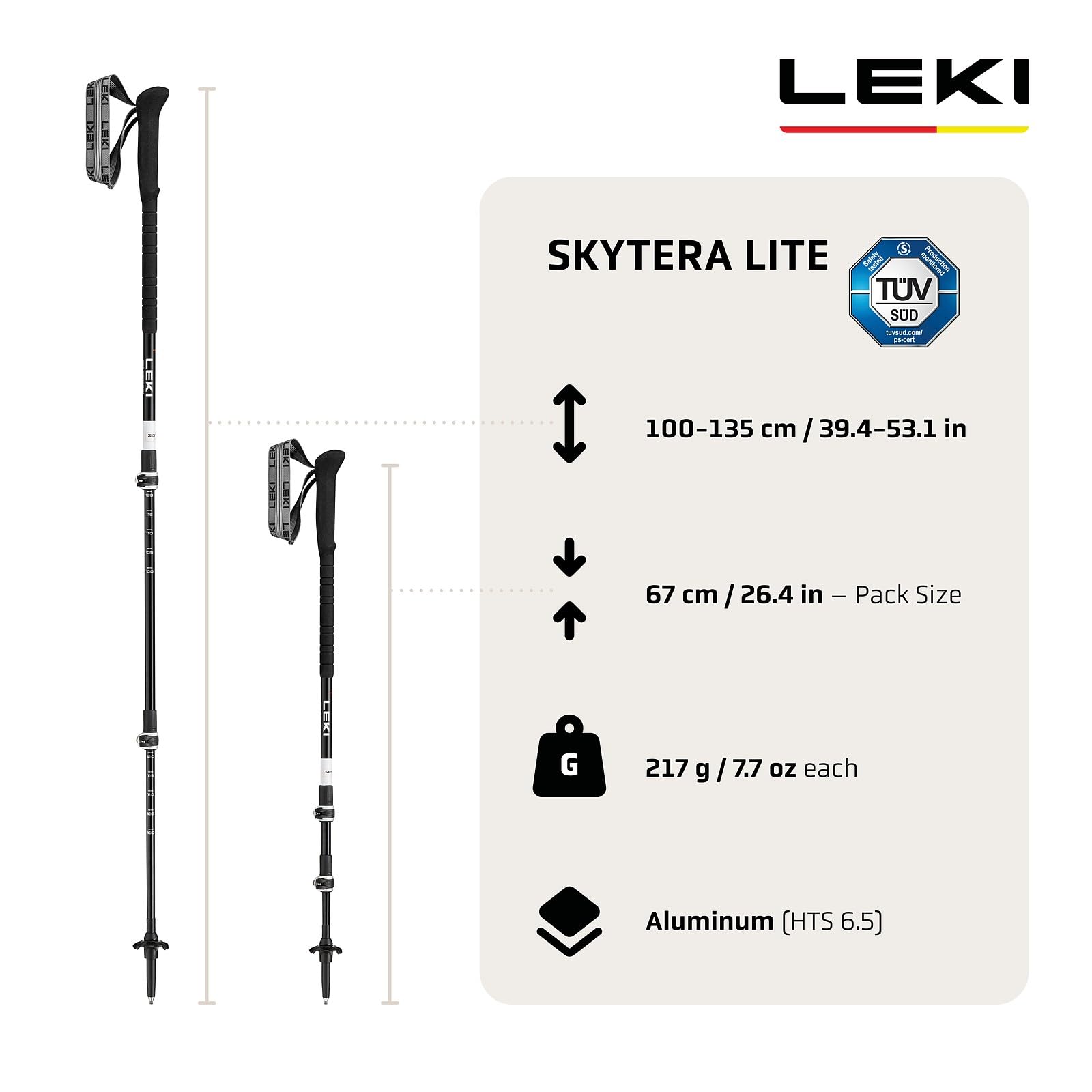 LEKI Skytera Lite Performance Series - Bastones de Senderismo para Hombre y Mujer | Bastones de Trekking Ajustables de Aluminio (90-135 cm) con Plato de Trekking | Mango de Espuma cómodo + extensión