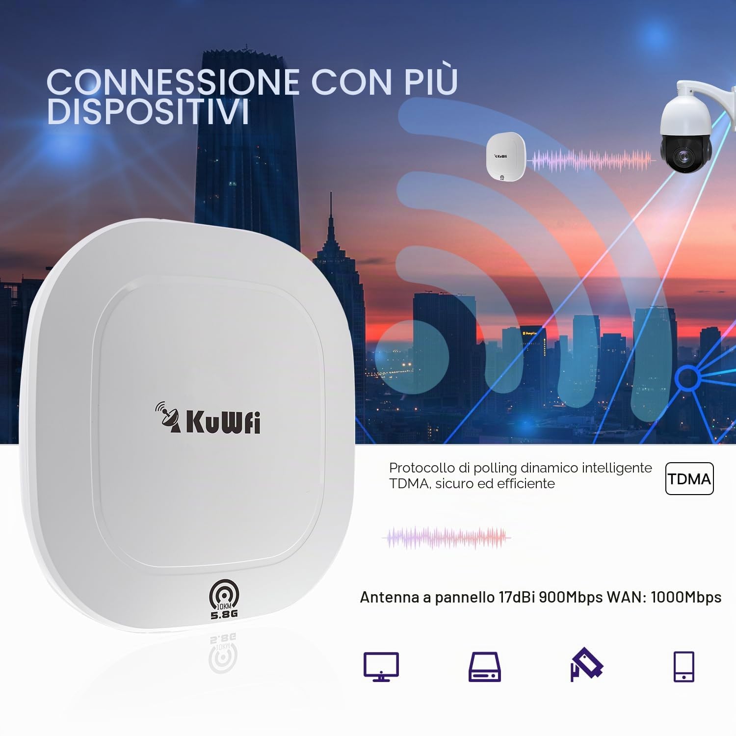 KuWFi Ponte WiFi Esterno 8 km 5,8 GHz 900 Mbps, Gigabit PoE | 2 porte RJ45 Gigabit, estensione di rete PTP/PTMP per Fattoria, Magazzino, Ascensore ed Edifici, con Gestione Cloud