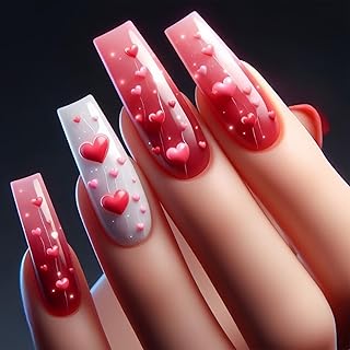 24Pcs Valentines Press on Nails Long Coffin Fake Nails Red Heart Design White Pink Glossy False Nails Full Cover Artificial Glue on Nails Romantic Valentine's Day Stick on Nails for Women Nail Art DIY