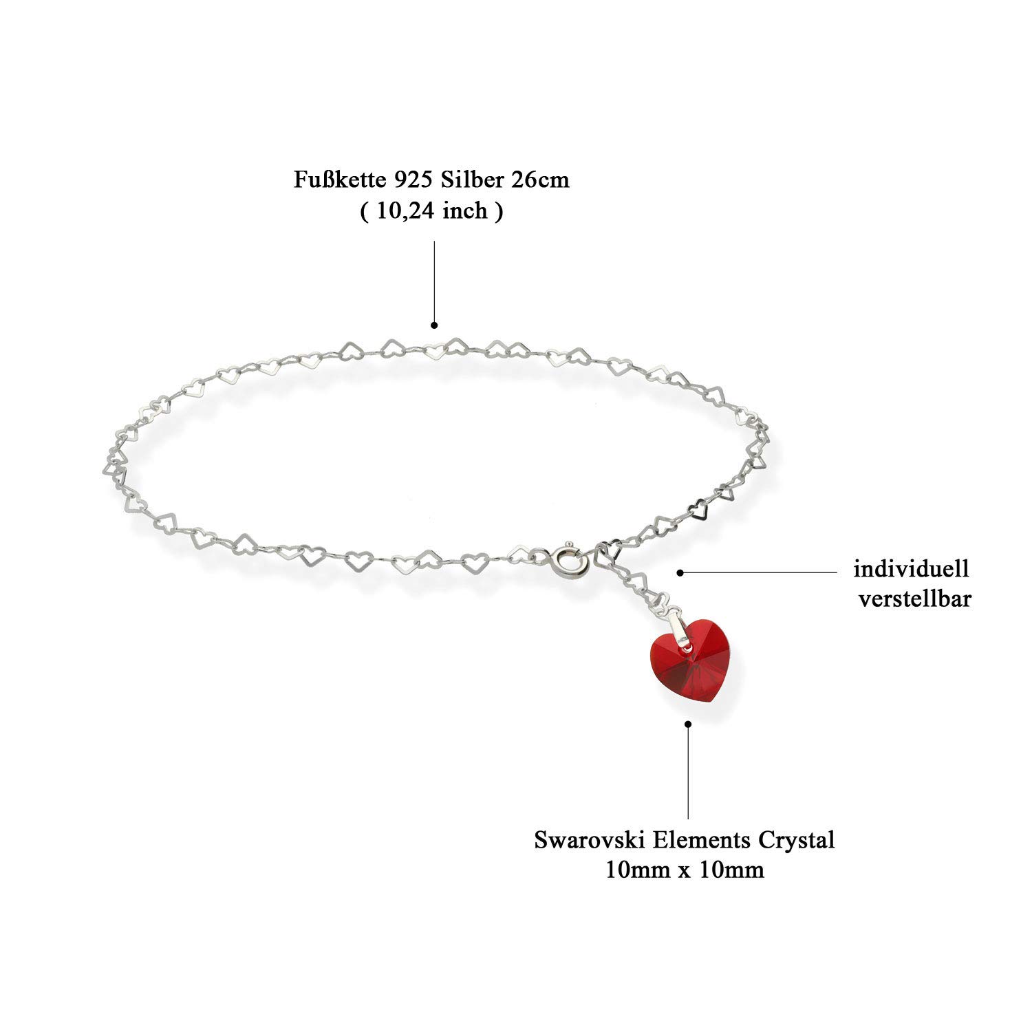 Cavigliera in argento 925 con cuore Swarovski, vari colori